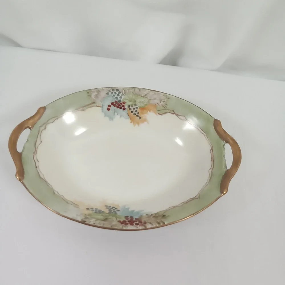 Vintage Hand Painted Porcelain Nut Dish Grapes Gold‎ Handles Japan Oval 7.75in